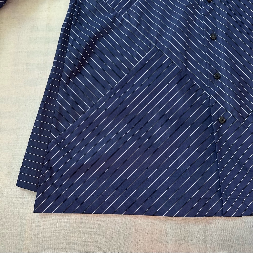 Eskandar Double Stand Collar Botton Shirt Navy Stripe Patchwork Cotton Luxury - Picture 10 of 13